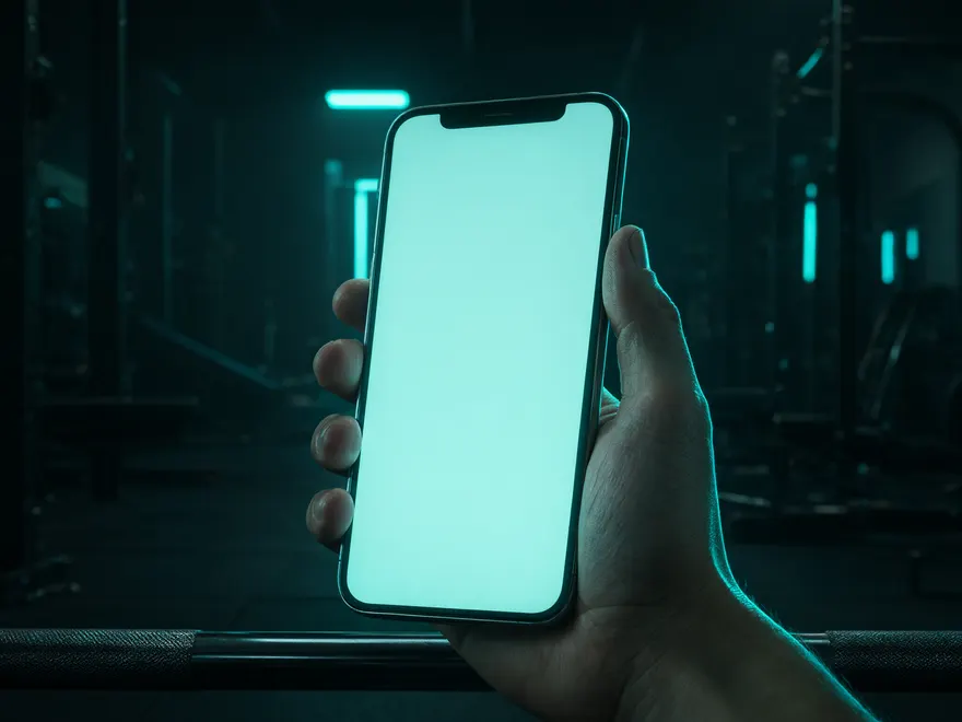 Hand hält ein Smartphone über eine Langhantel