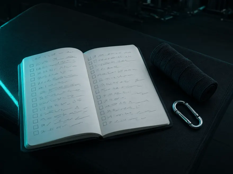 Notizbuch mit Trainingsplan auf einer Trainingsbank